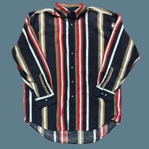 GFC Jeans Wear Vintage Multicolored Striped Button Down Black Red Shirt Large